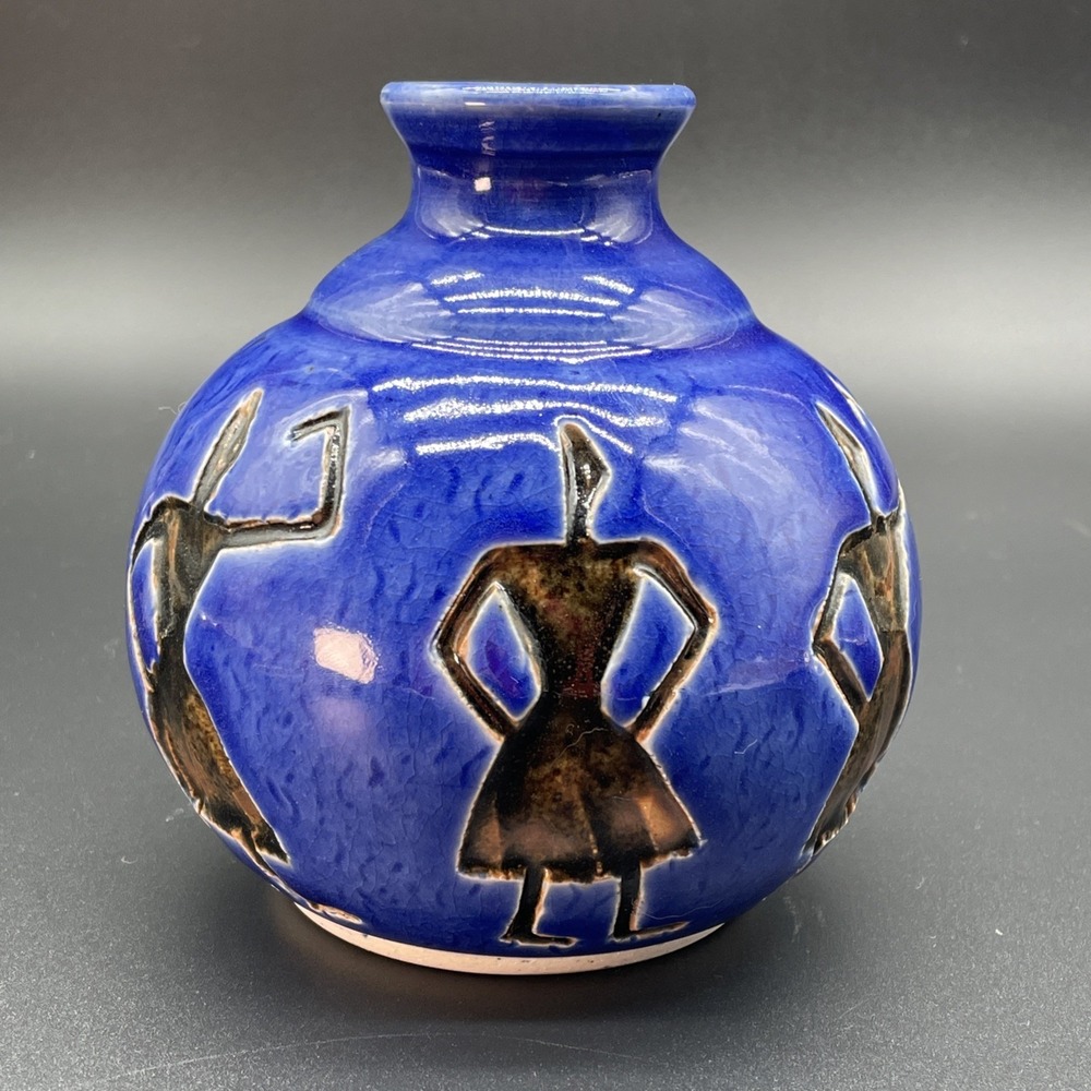 Studio Art Pottery Signed EVE Blue Glaze Vase Figure Imprints In Black Glaze